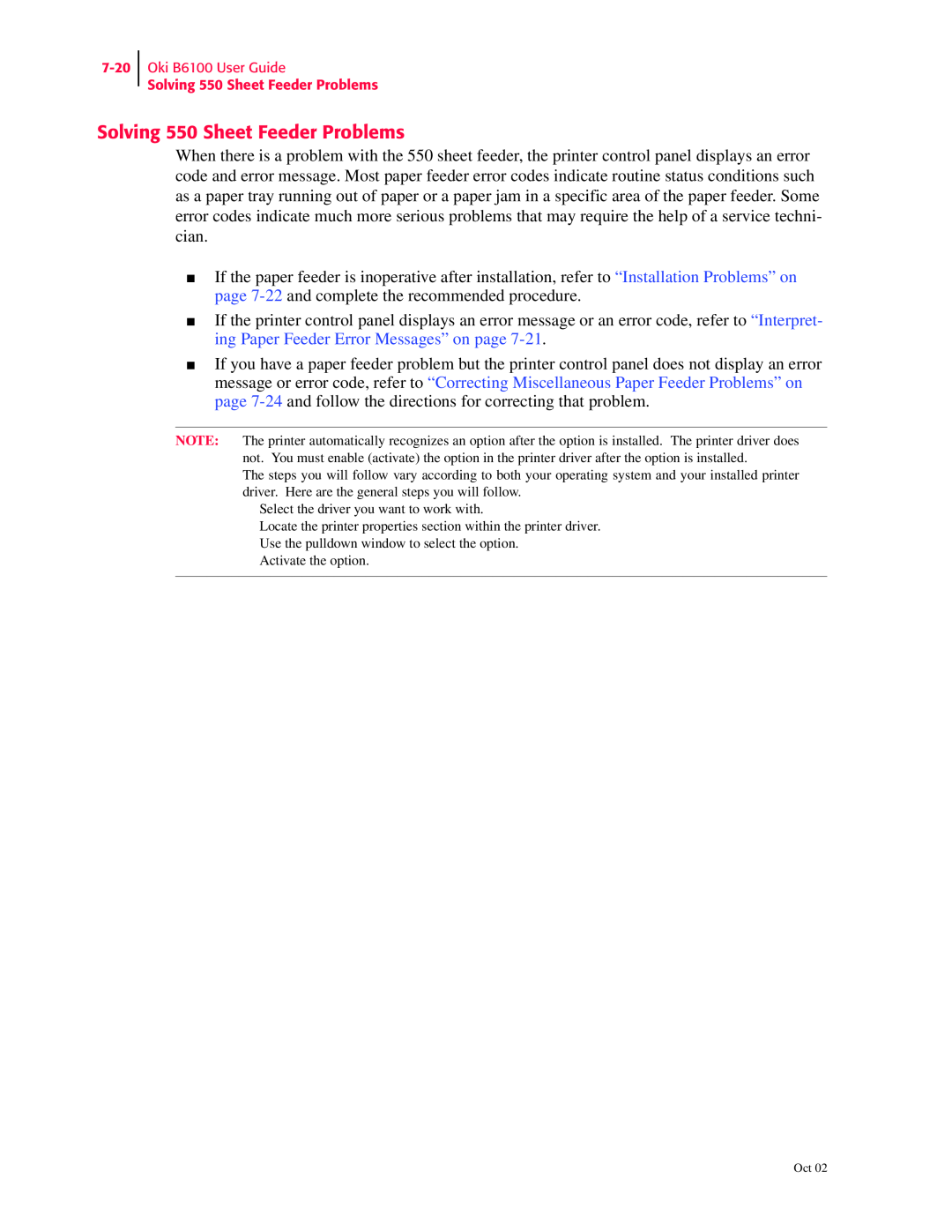 Oki manual Oki B6100 User Guide Solving 550 Sheet Feeder Problems 