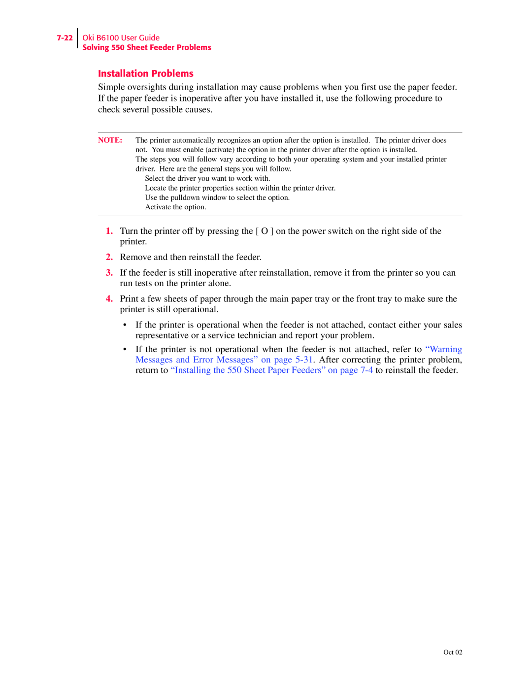 Oki manual Installation Problems, Oki B6100 User Guide Solving 550 Sheet Feeder Problems 