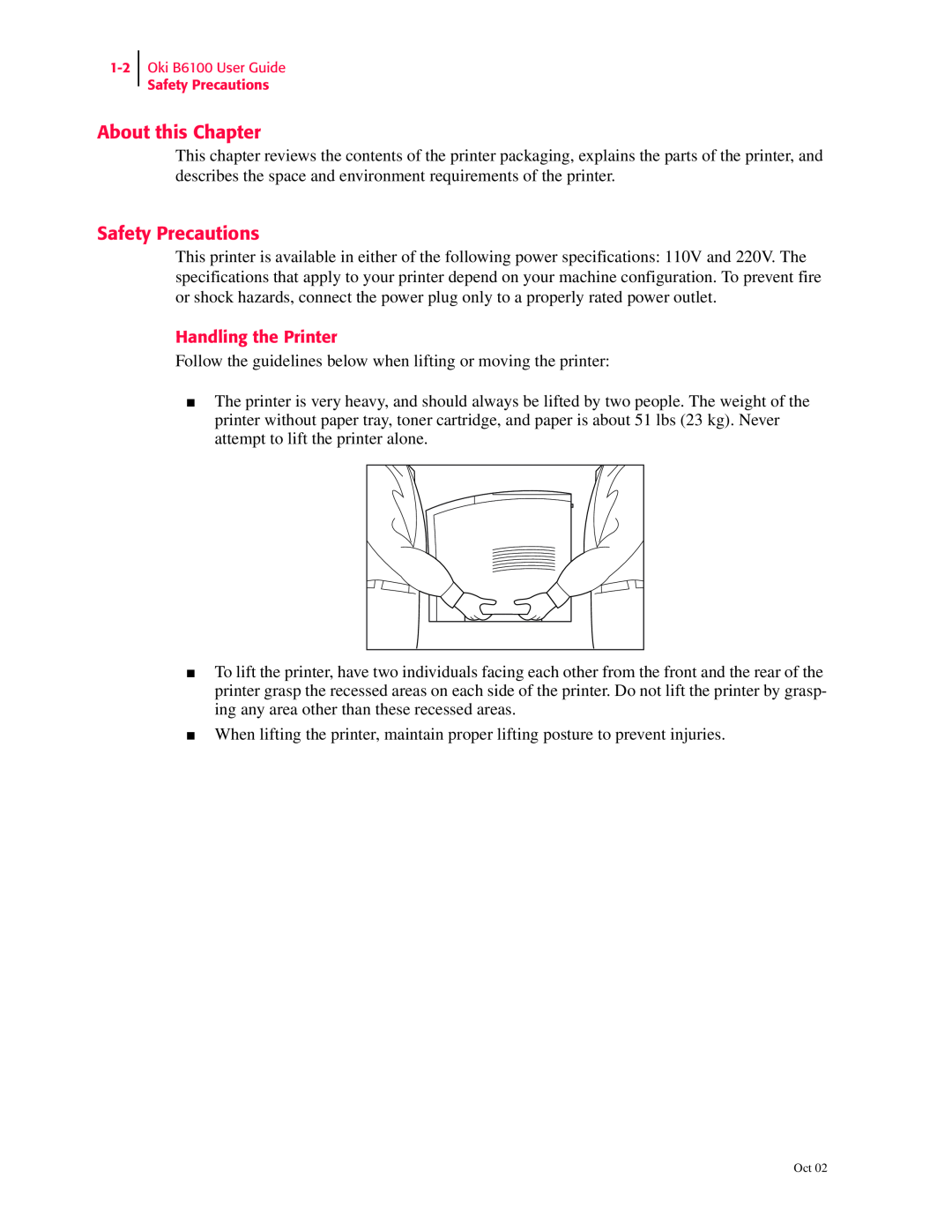 Oki 6100 manual About this Chapter, Safety Precautions, Handling the Printer 