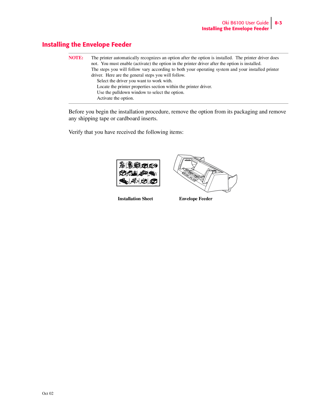Oki manual Oki B6100 User Guide Installing the Envelope Feeder, Installation Sheet 