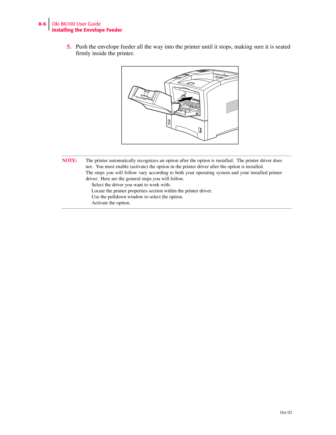 Oki manual Oki B6100 User Guide Installing the Envelope Feeder 
