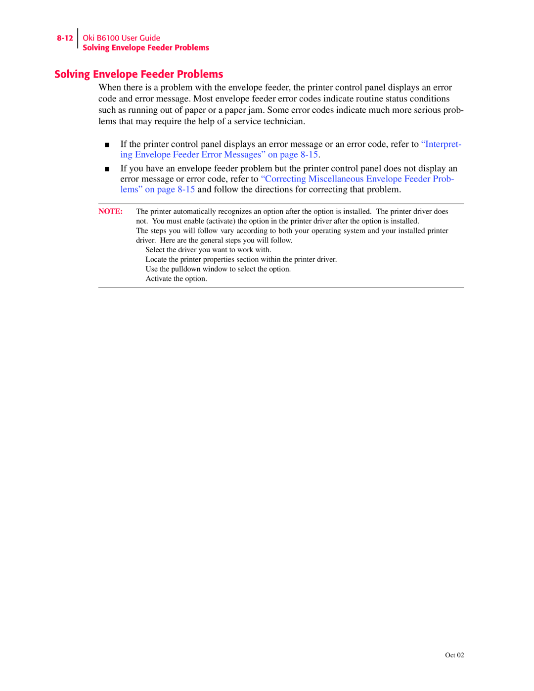 Oki manual Oki B6100 User Guide Solving Envelope Feeder Problems 