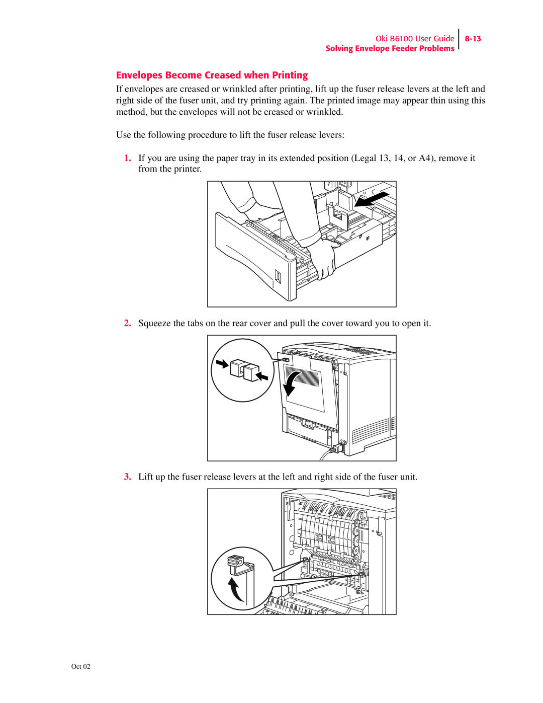 Oki manual Envelopes Become Creased when Printing, Oki B6100 User Guide Solving Envelope Feeder Problems, 8-13 