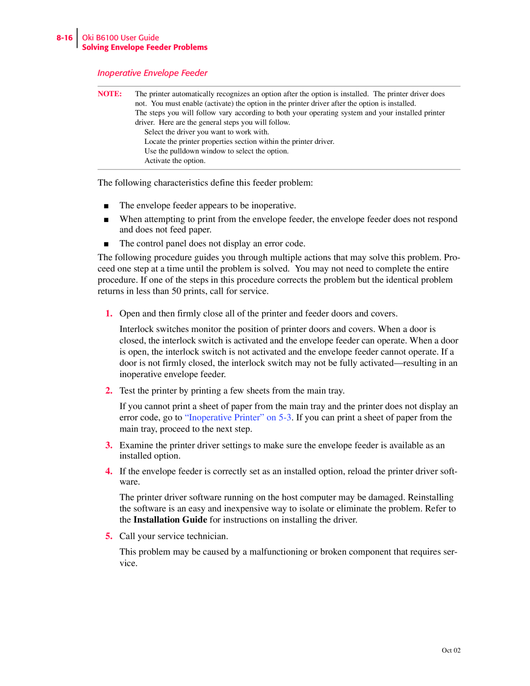 Oki manual Inoperative Envelope Feeder, Oki B6100 User Guide Solving Envelope Feeder Problems 