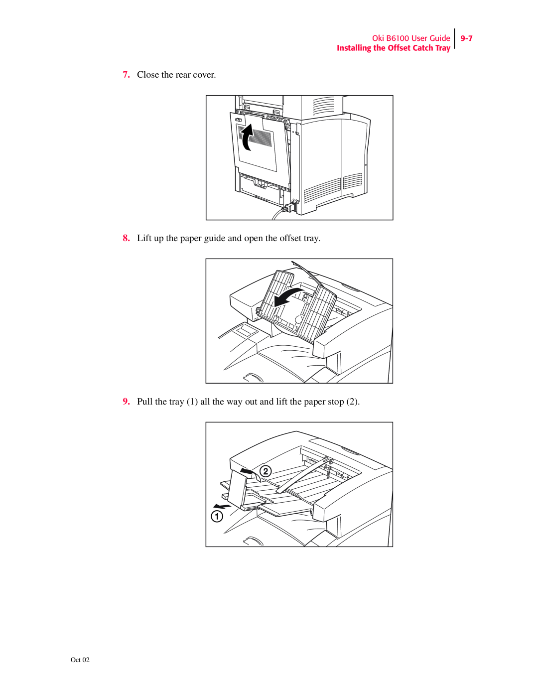 Oki 6100 manual Close the rear cover, Lift up the paper guide and open the offset tray 