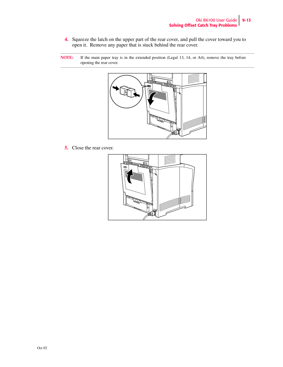 Oki manual Close the rear cover, Oki B6100 User Guide Solving Offset Catch Tray Problems, 9-13 