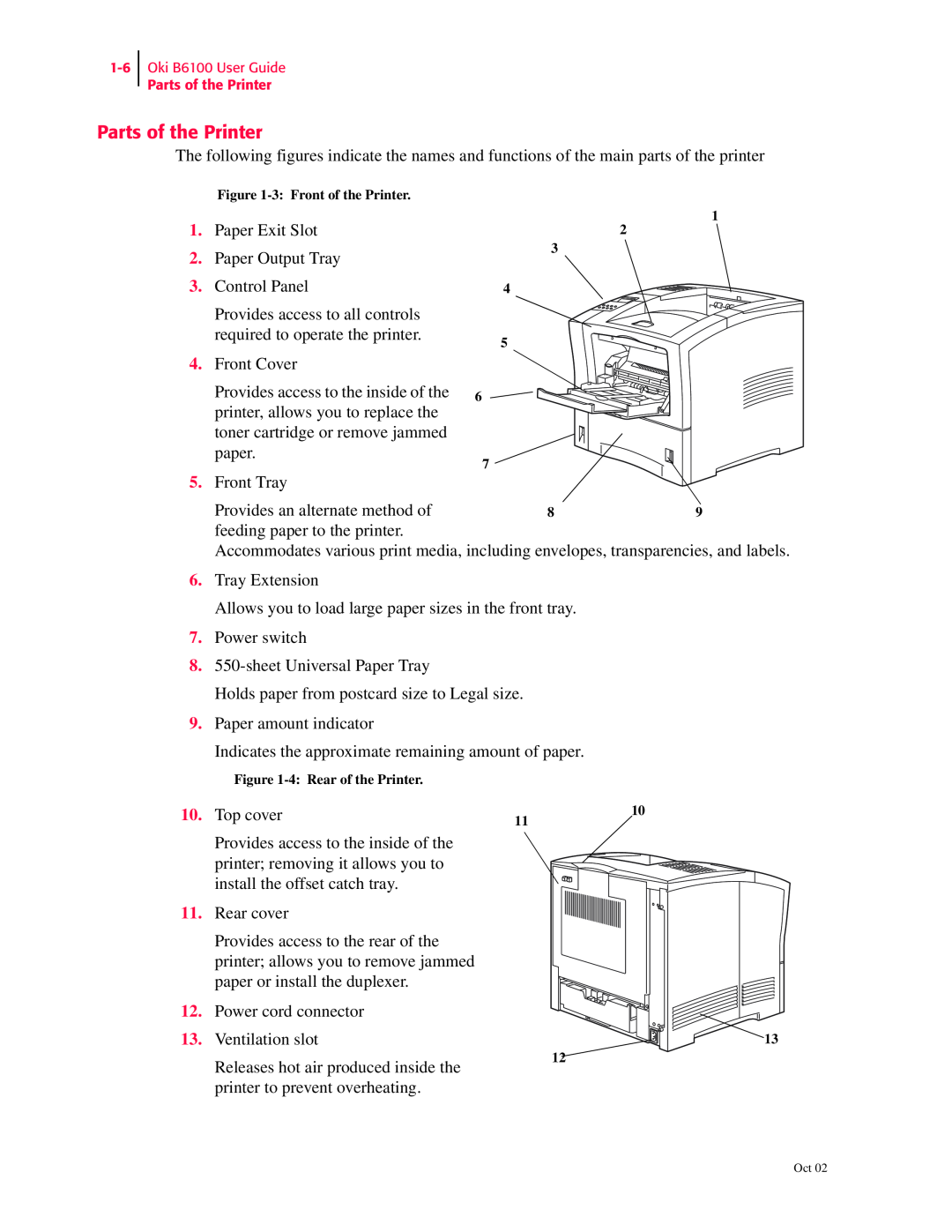 Oki 6100 Parts of the Printer, Provides an alternate method of, feeding paper to the printer, Top cover, Ventilation slot 