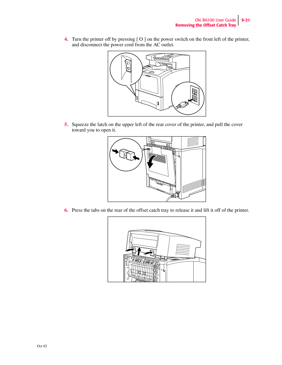 Oki manual Oki B6100 User Guide Removing the Offset Catch Tray, 9-21 