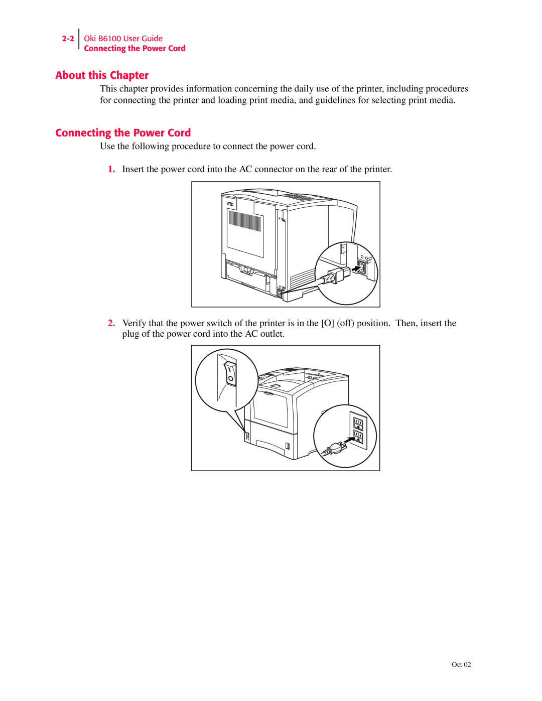 Oki manual About this Chapter, Oki B6100 User Guide Connecting the Power Cord 