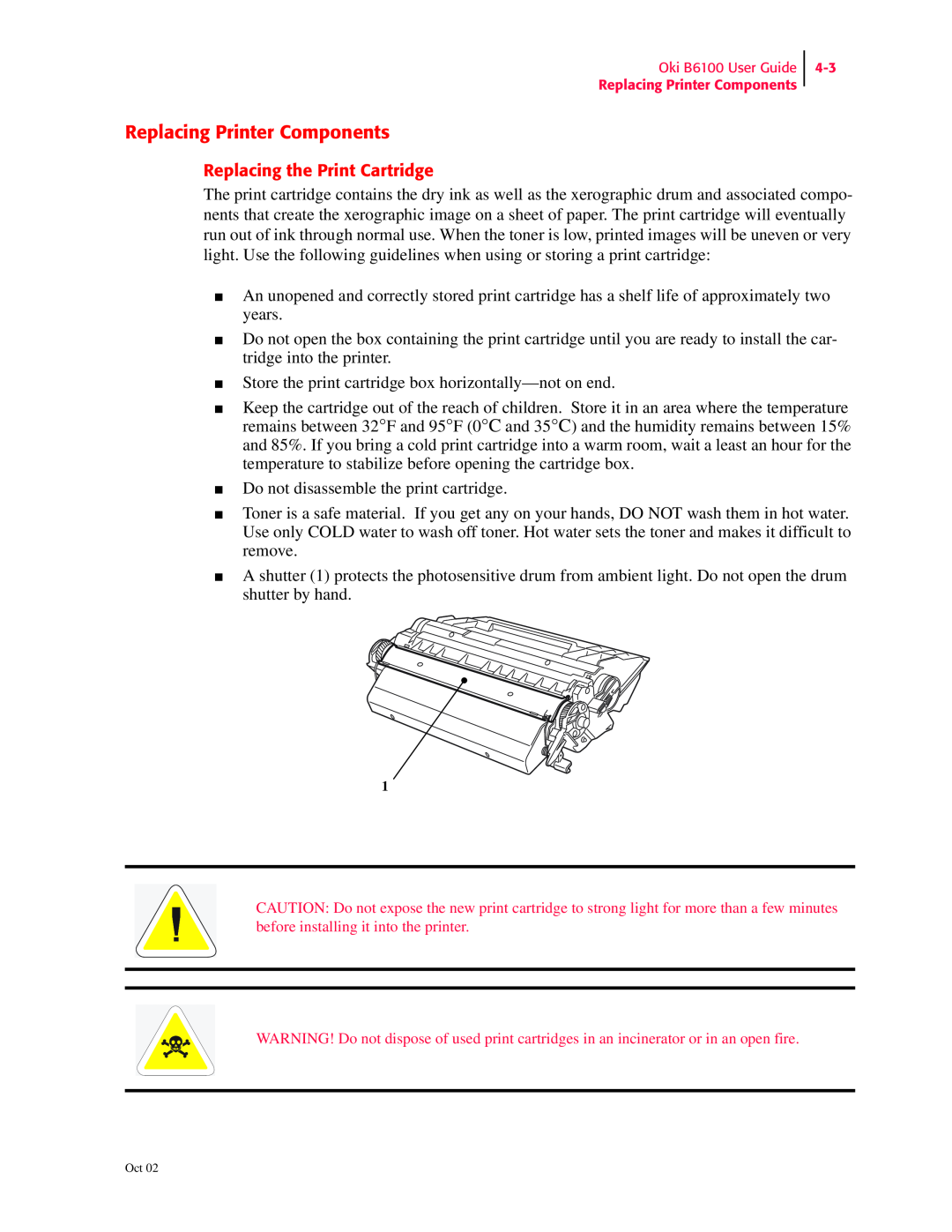 Oki 6100 manual Replacing Printer Components, Replacing the Print Cartridge 