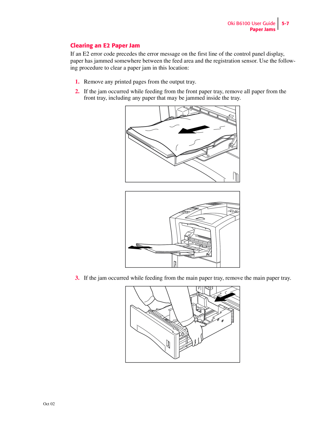 Oki 6100 manual Clearing an E2 Paper Jam, Remove any printed pages from the output tray 