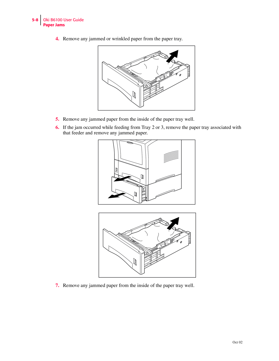 Oki manual Remove any jammed or wrinkled paper from the paper tray, Oki B6100 User Guide Paper Jams 