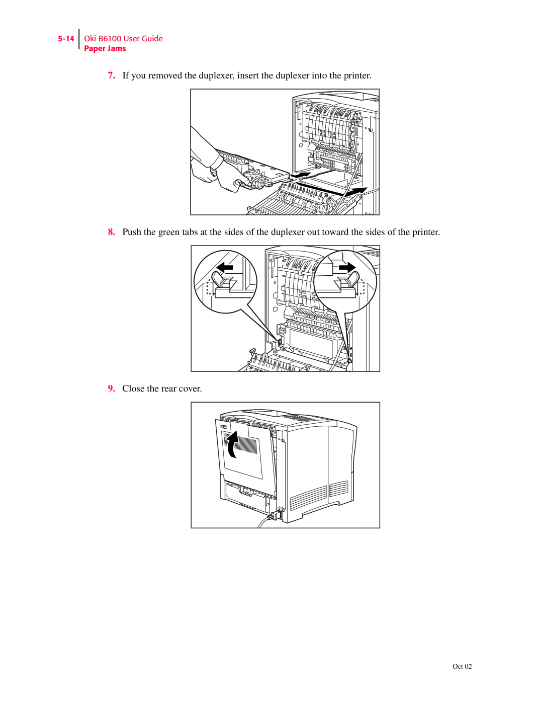 Oki 6100 manual If you removed the duplexer, insert the duplexer into the printer, Close the rear cover 