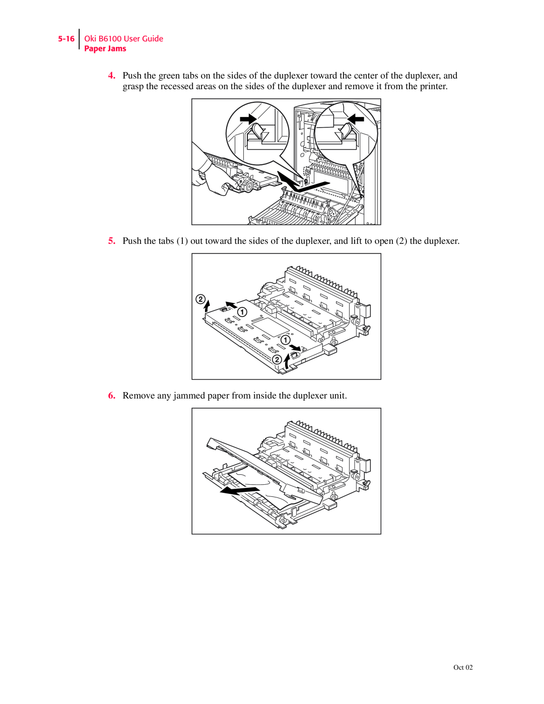 Oki manual Remove any jammed paper from inside the duplexer unit, Oki B6100 User Guide Paper Jams 