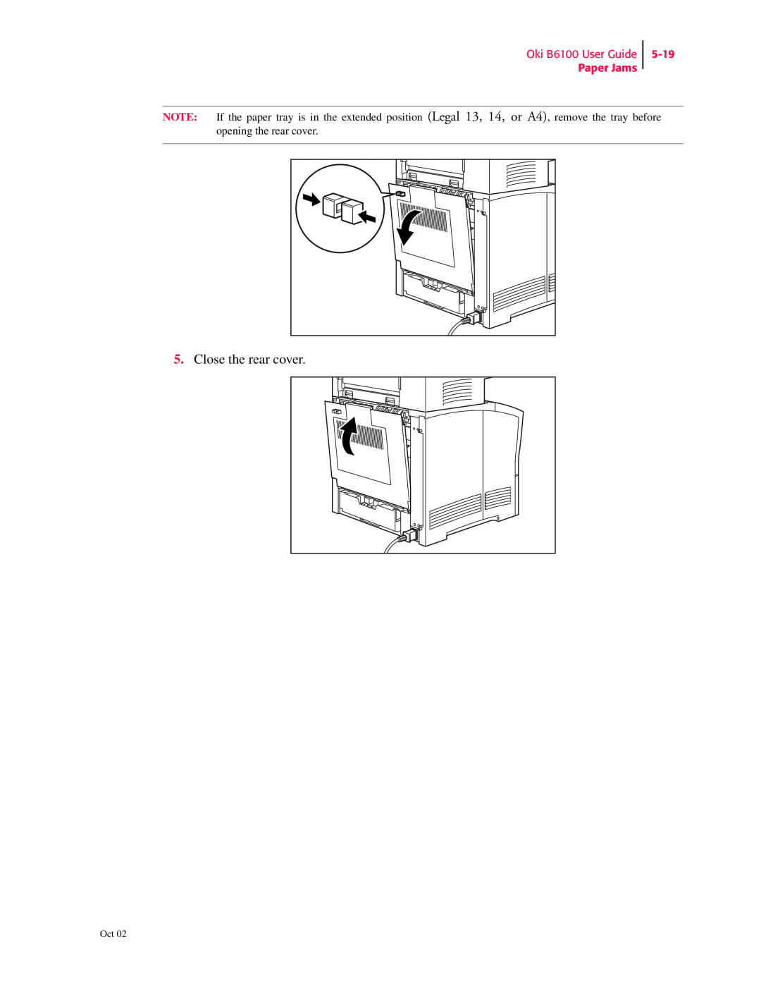 Oki manual Close the rear cover, Oki B6100 User Guide Paper Jams, 5-19 