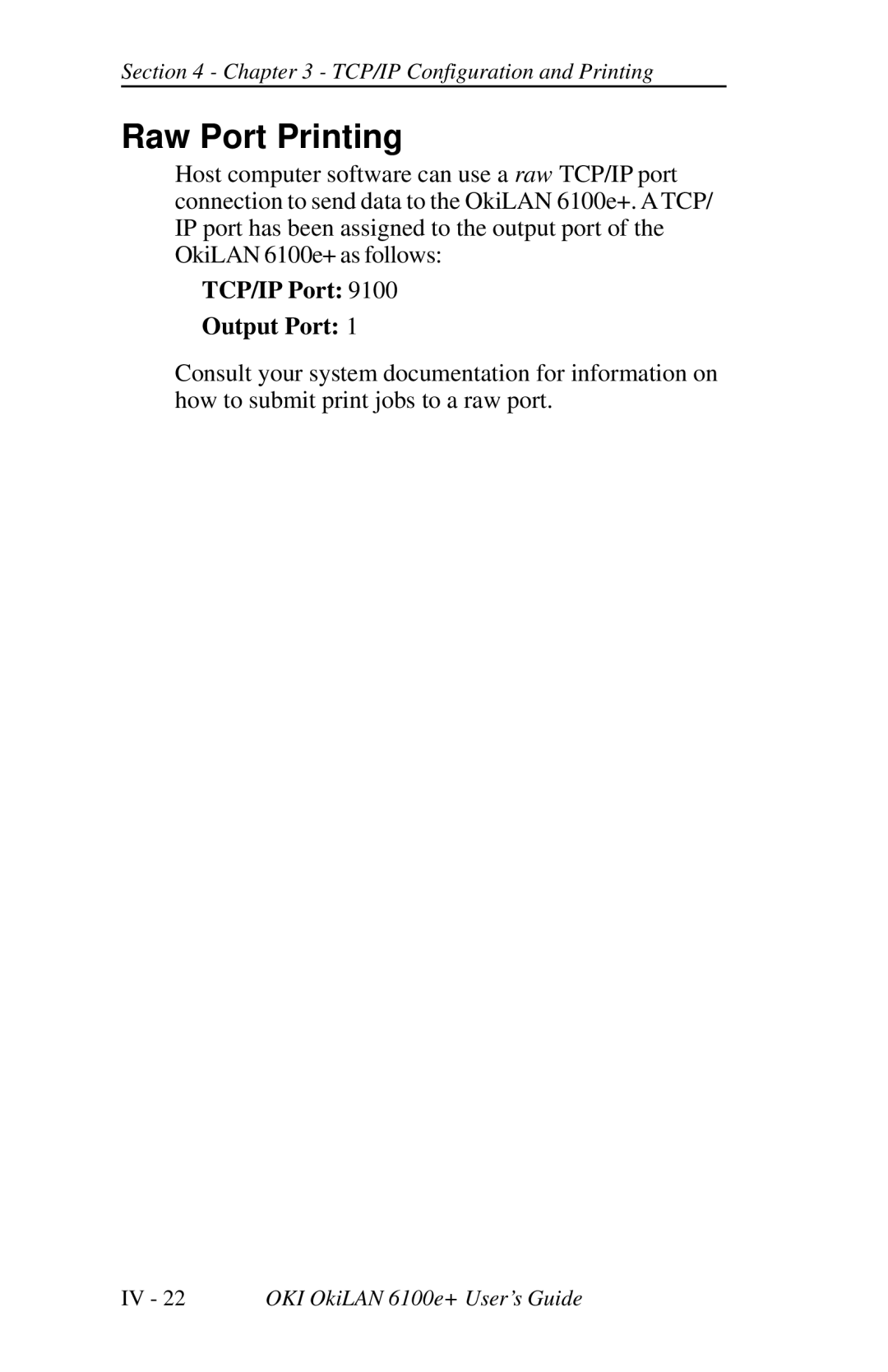 Oki 6100E+ manual Raw Port Printing, TCP/IP Port Output Port 