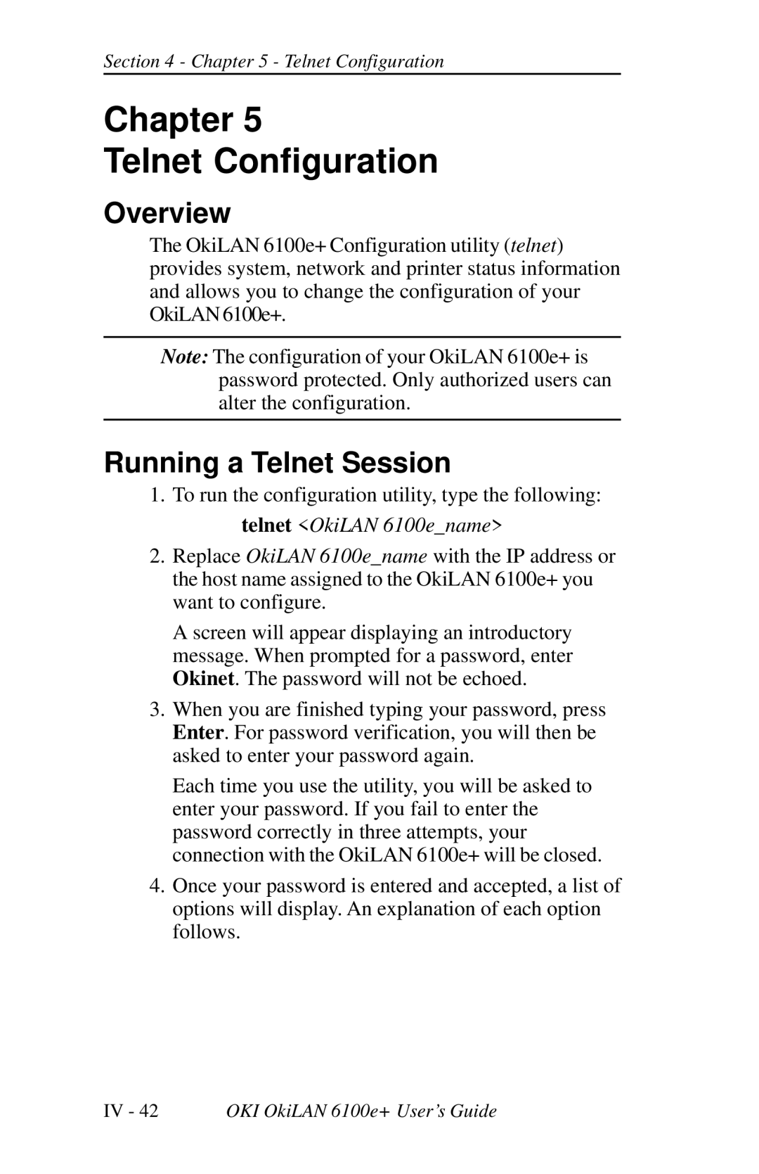 Oki 6100E+ manual Chapter Telnet Configuration, Running a Telnet Session 