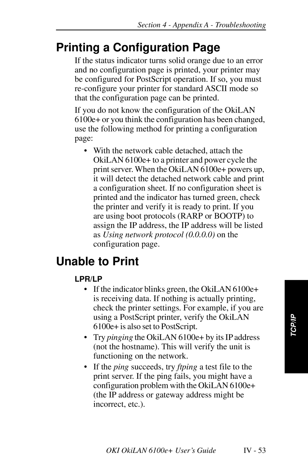 Oki 6100E+ manual Printing a Configuration, Unable to Print 