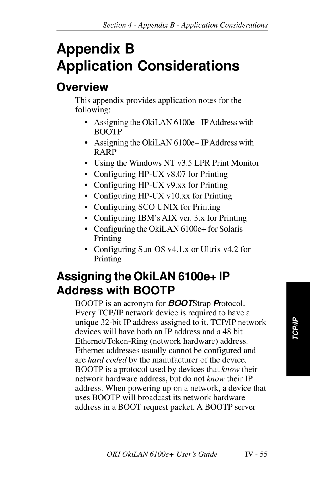 Oki 6100E+ manual Appendix B Application Considerations, Assigning the OkiLAN 6100e+ IP Address with Bootp 