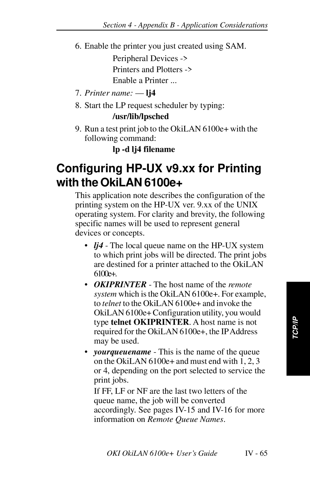 Oki 6100E+ manual Configuring HP-UX v9.xx for Printing with the OkiLAN 6100e+, Usr/lib/lpsched, Lp -d lj4 filename 