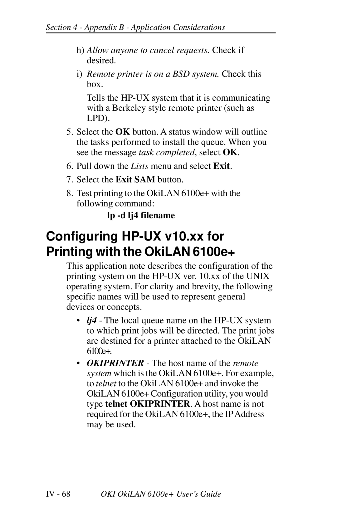 Oki 6100E+ manual Configuring HP-UX v10.xx for Printing with the OkiLAN 6100e+ 