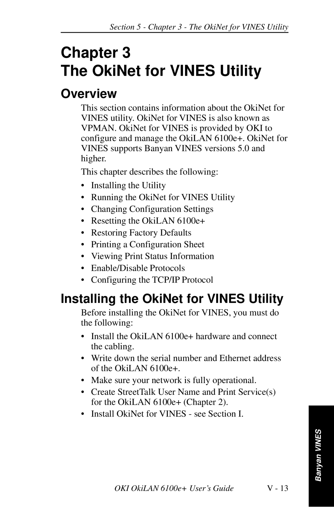 Oki 6100E+ manual Chapter OkiNet for Vines Utility, Installing the OkiNet for Vines Utility 