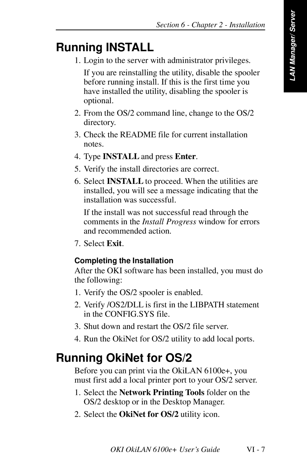 Oki 6100E+ manual Running Install, Running OkiNet for OS/2 