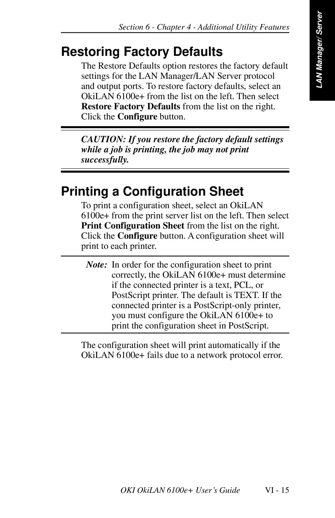 Oki 6100E+ manual Restoring Factory Defaults, Printing a Configuration Sheet 