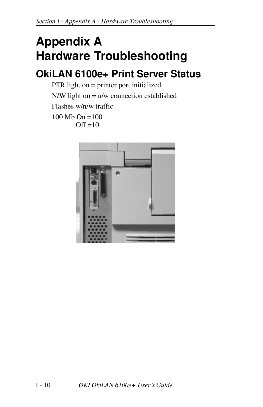 Oki 6100E+ manual Appendix a Hardware Troubleshooting, OkiLAN 6100e+ Print Server Status 