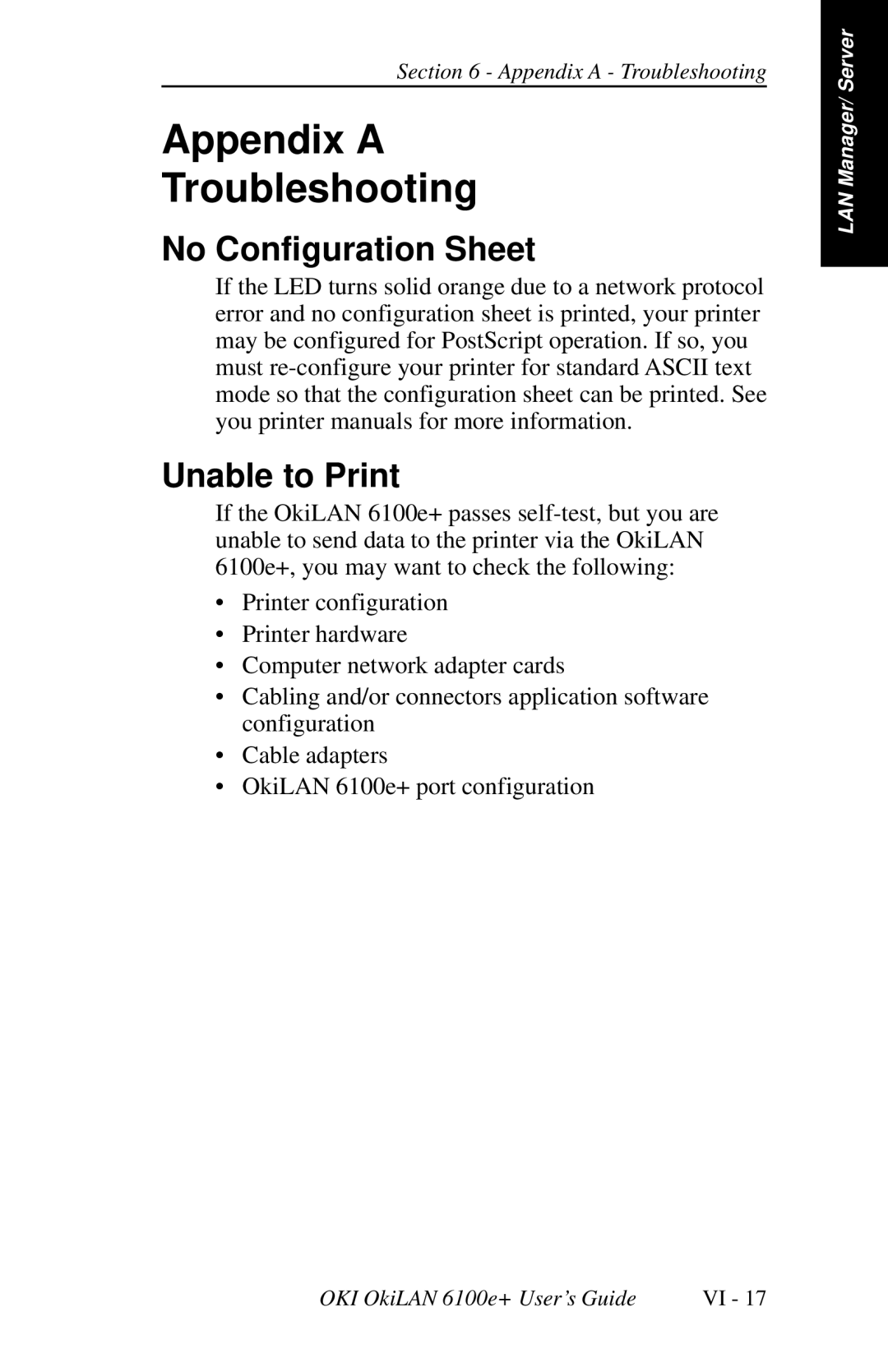 Oki 6100E+ manual Appendix a Troubleshooting, No Configuration Sheet 