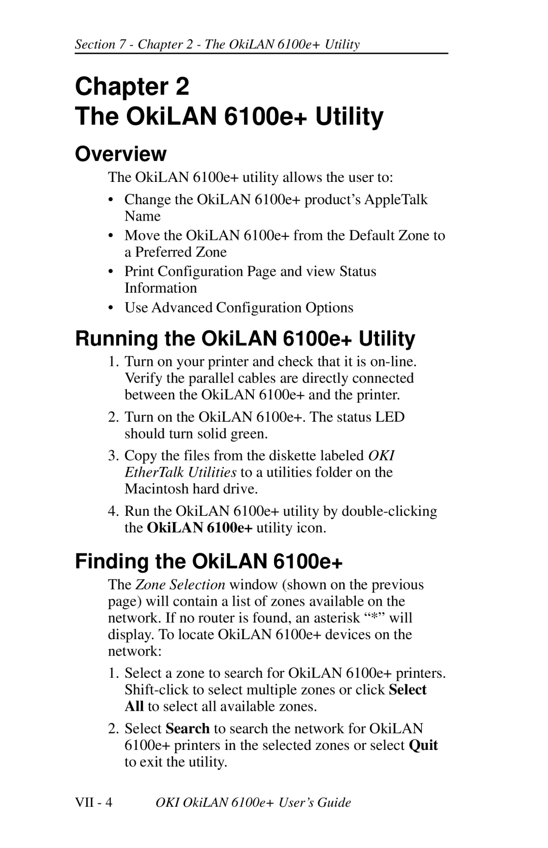 Oki 6100E+ manual Chapter OkiLAN 6100e+ Utility, Running the OkiLAN 6100e+ Utility, Finding the OkiLAN 6100e+ 