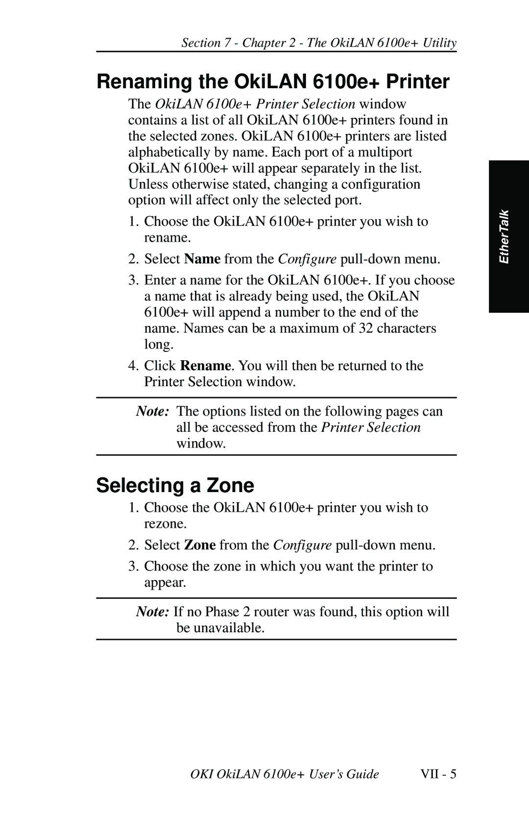 Oki 6100E+ manual Renaming the OkiLAN 6100e+ Printer, Selecting a Zone 