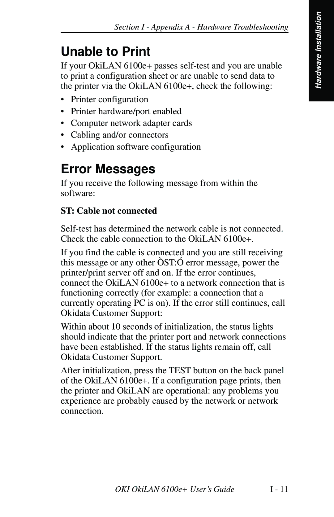 Oki 6100E+ manual Unable to Print, Error Messages, ST Cable not connected 