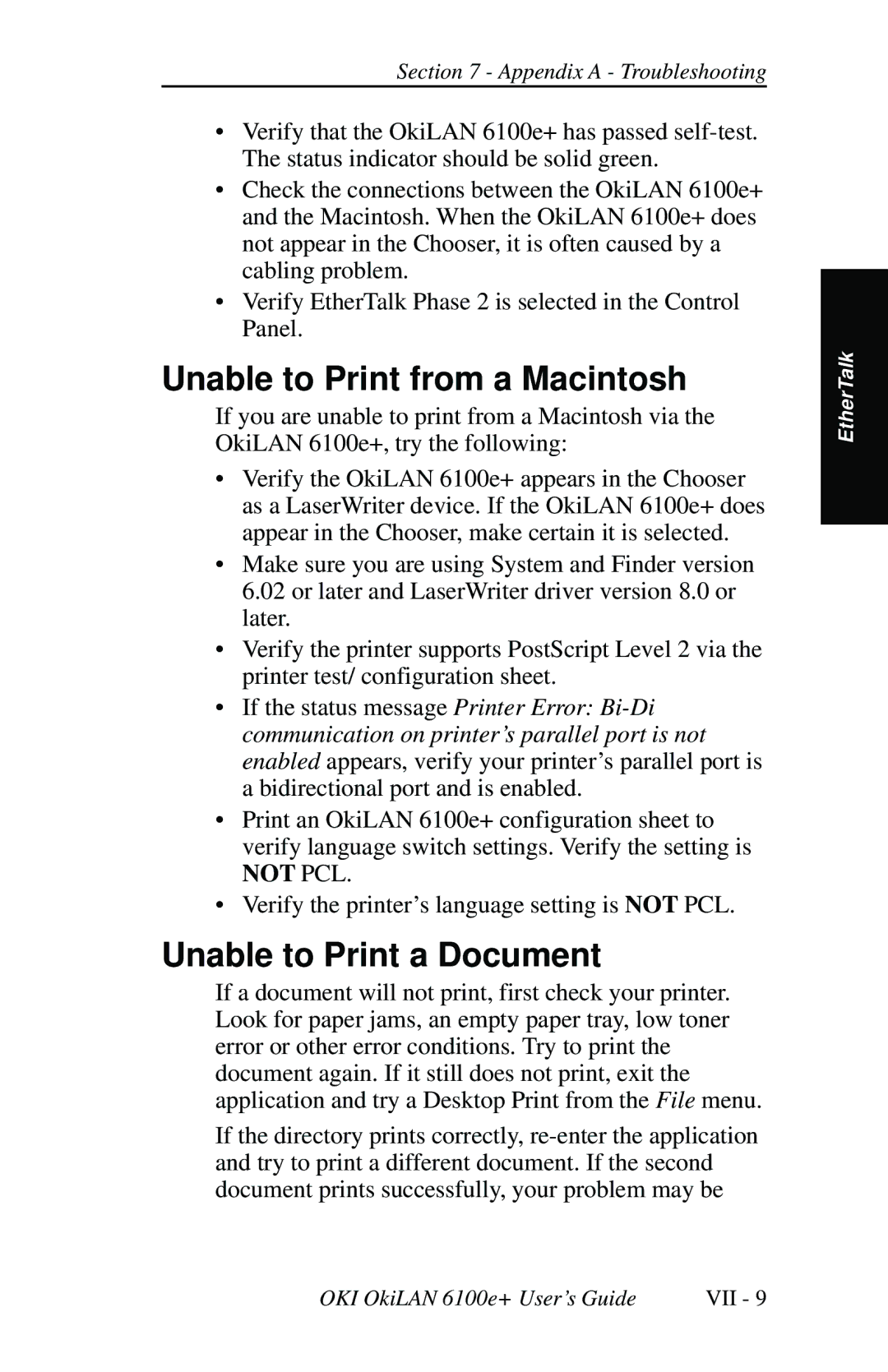 Oki 6100E+ manual Unable to Print from a Macintosh, Unable to Print a Document 