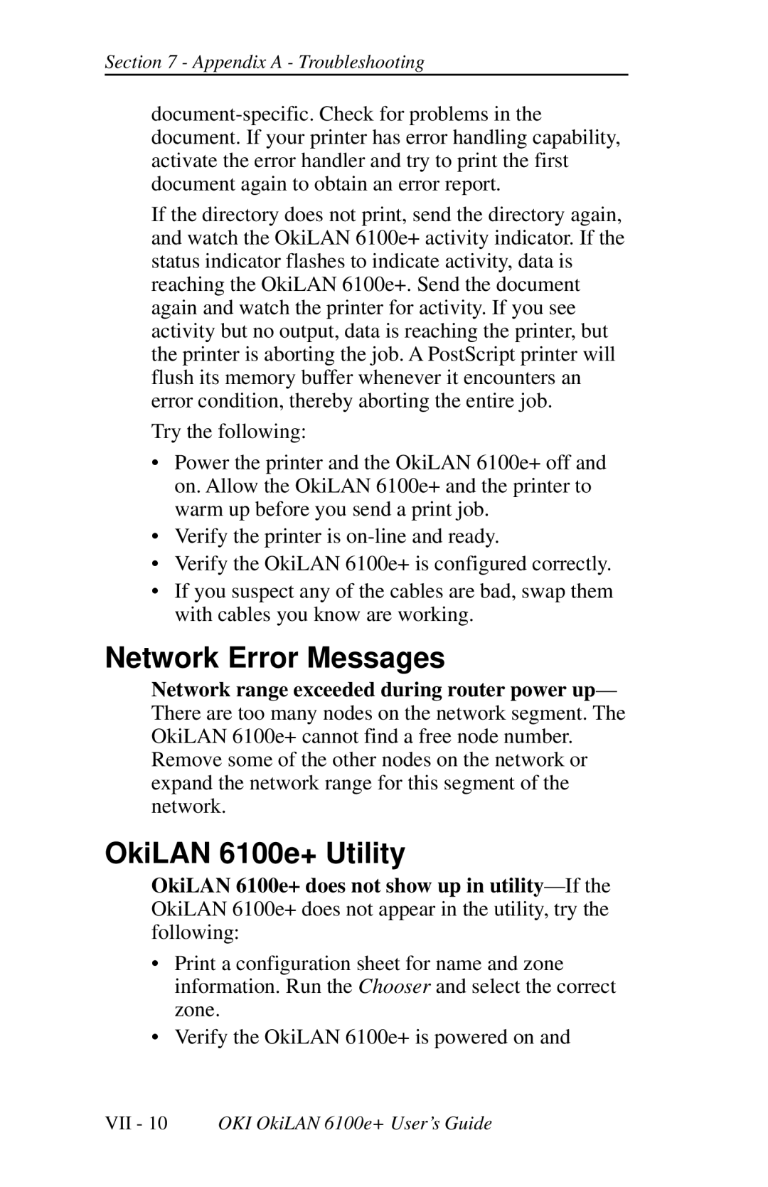 Oki 6100E+ manual Network Error Messages, OkiLAN 6100e+ Utility 