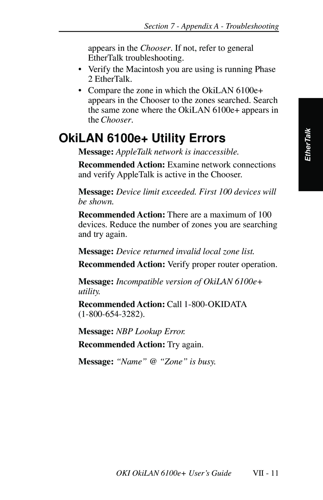 Oki 6100E+ OkiLAN 6100e+ Utility Errors, Recommended Action Call 1-800-OKIDATA1-800-654-3282, Recommended Action Try again 