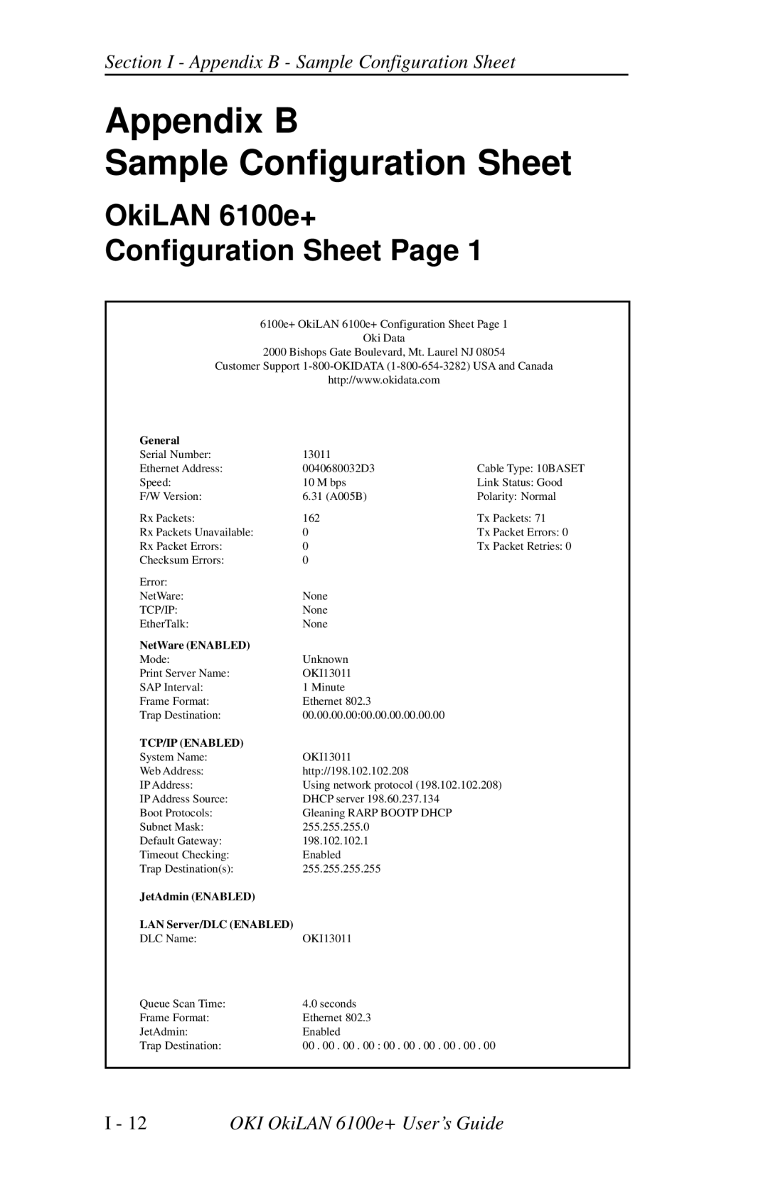 Oki 6100E+ manual Appendix B Sample Configuration Sheet, OkiLAN 6100e+ Configuration Sheet 