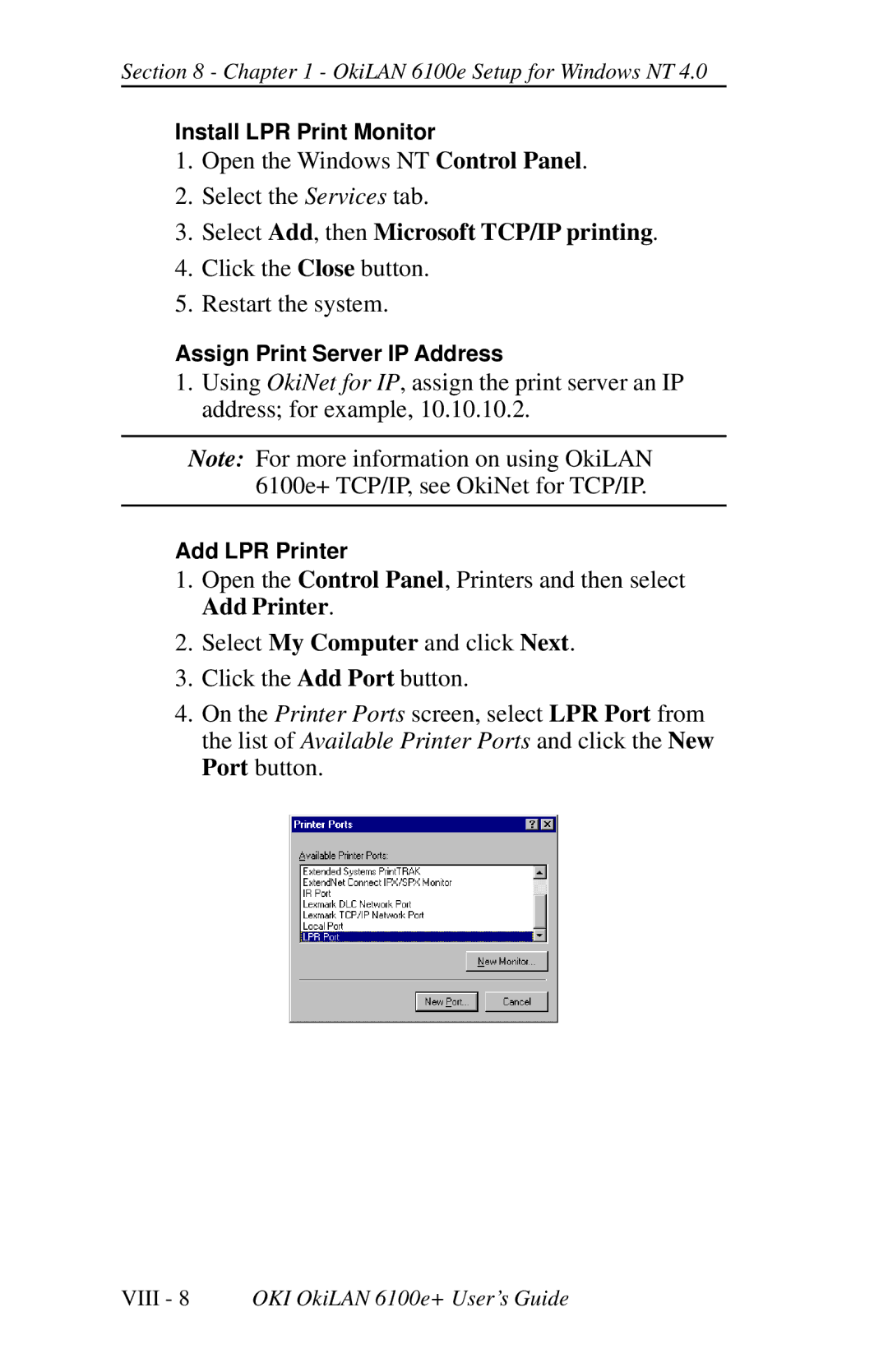 Oki 6100E+ manual Select Add, then Microsoft TCP/IP printing 