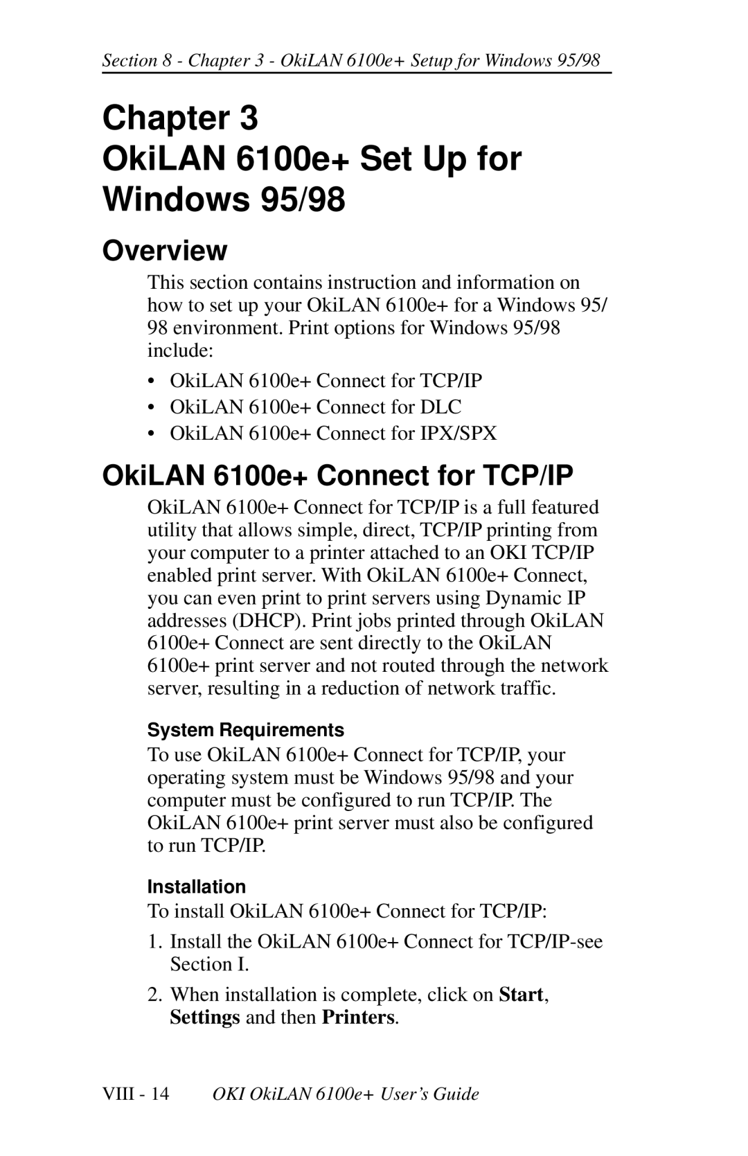 Oki 6100E+ manual Chapter OkiLAN 6100e+ Set Up for Windows 95/98, OkiLAN 6100e+ Connect for TCP/IP 