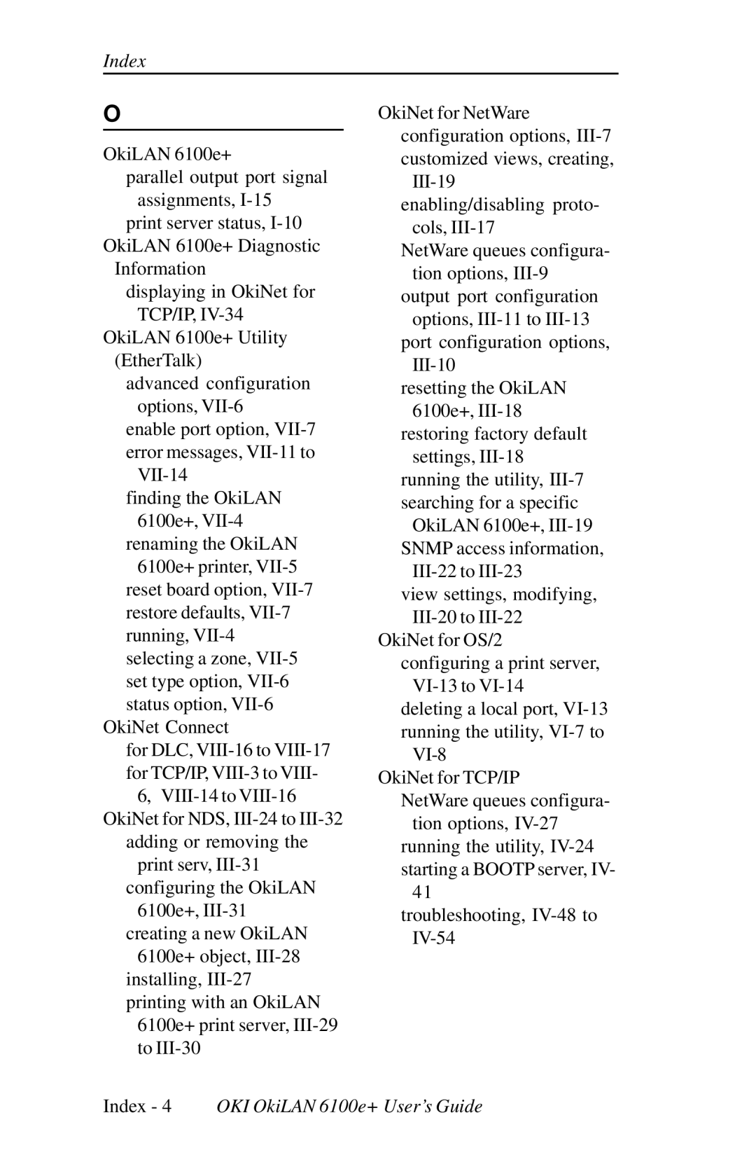 Oki 6100E+ manual Index 4 OKI OkiLAN 6100e+ User’s Guide 