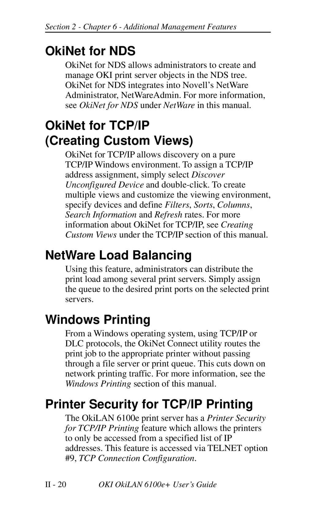 Oki 6100E+ manual OkiNet for NDS, OkiNet for TCP/IP Creating Custom Views, NetWare Load Balancing, Windows Printing 