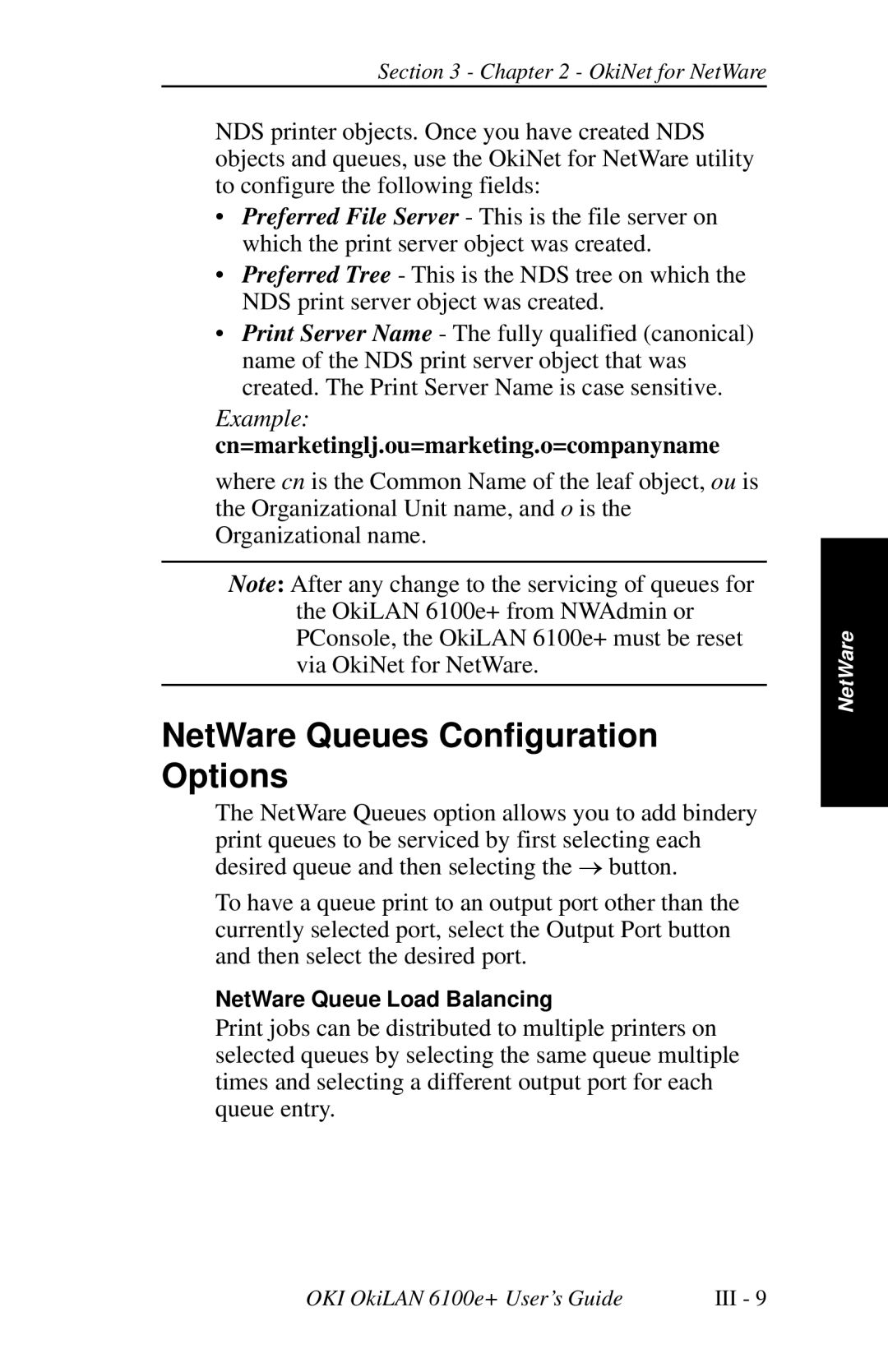 Oki 6100E+ manual NetWare Queues Configuration Options, Cn=marketinglj.ou=marketing.o=companyname 