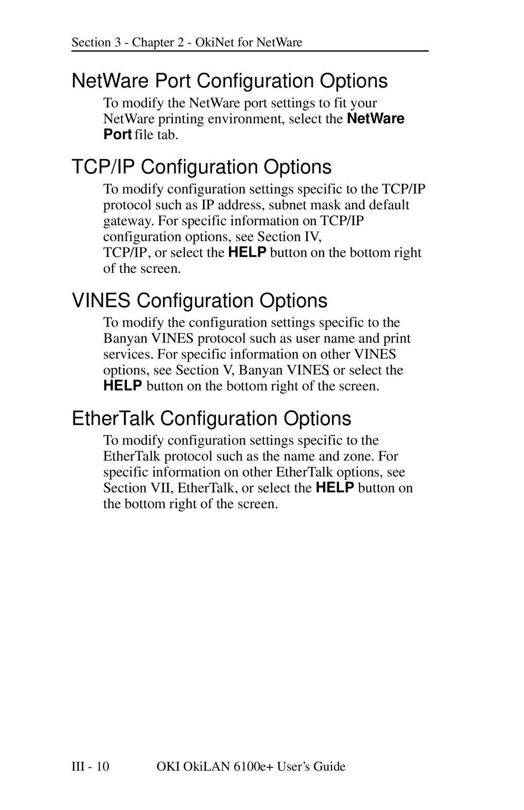 Oki 6100E+ manual NetWare Port Configuration Options, TCP/IP Configuration Options, Vines Configuration Options 