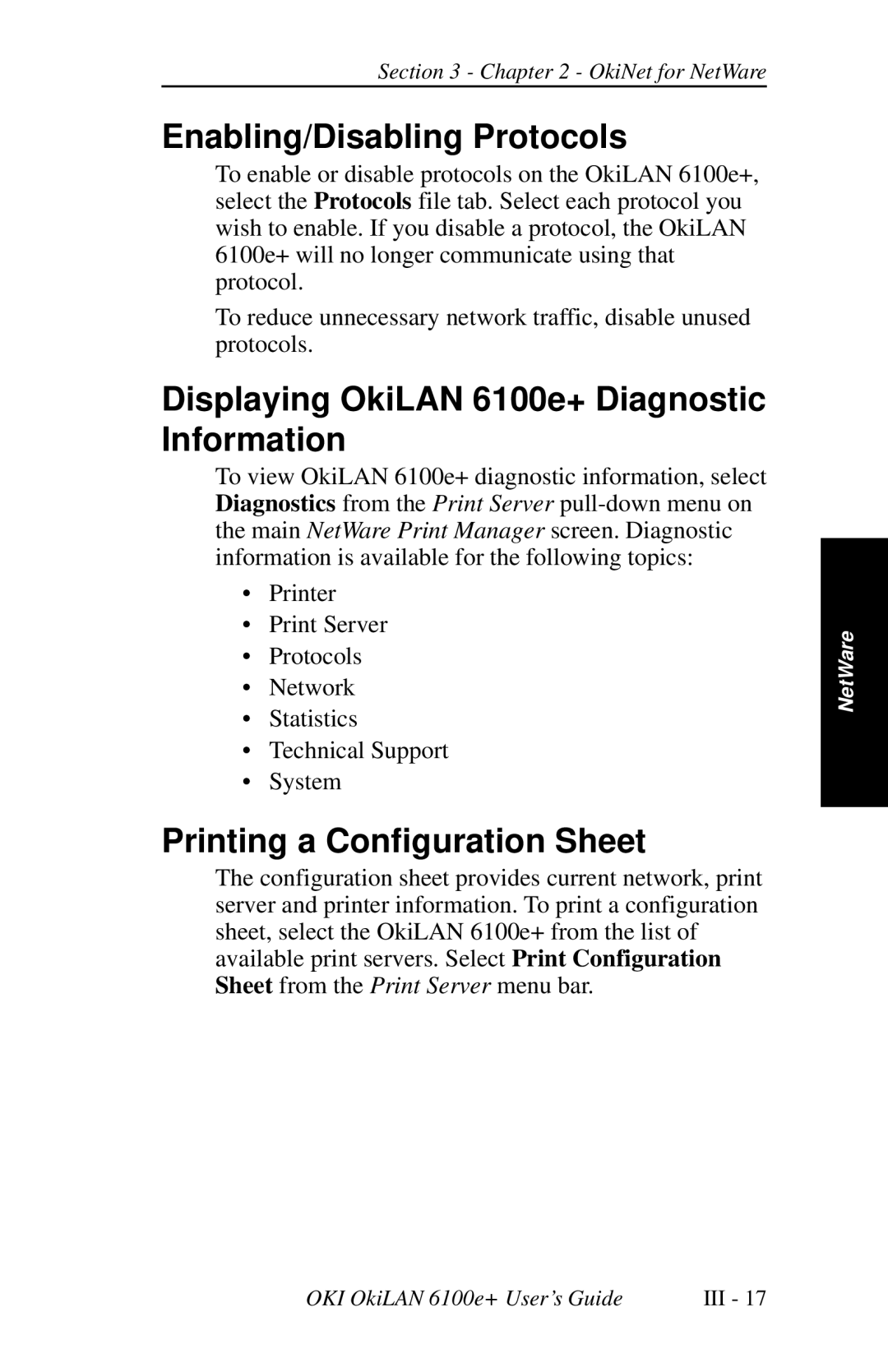 Oki 6100E+ Enabling/Disabling Protocols, Displaying OkiLAN 6100e+ Diagnostic Information, Printing a Configuration Sheet 