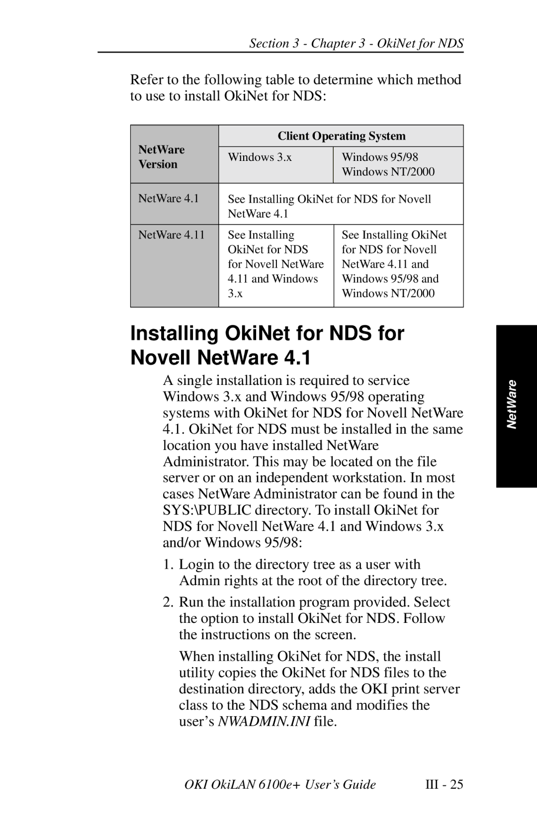 Oki 6100E+ manual Installing OkiNet for NDS for Novell NetWare, Version 