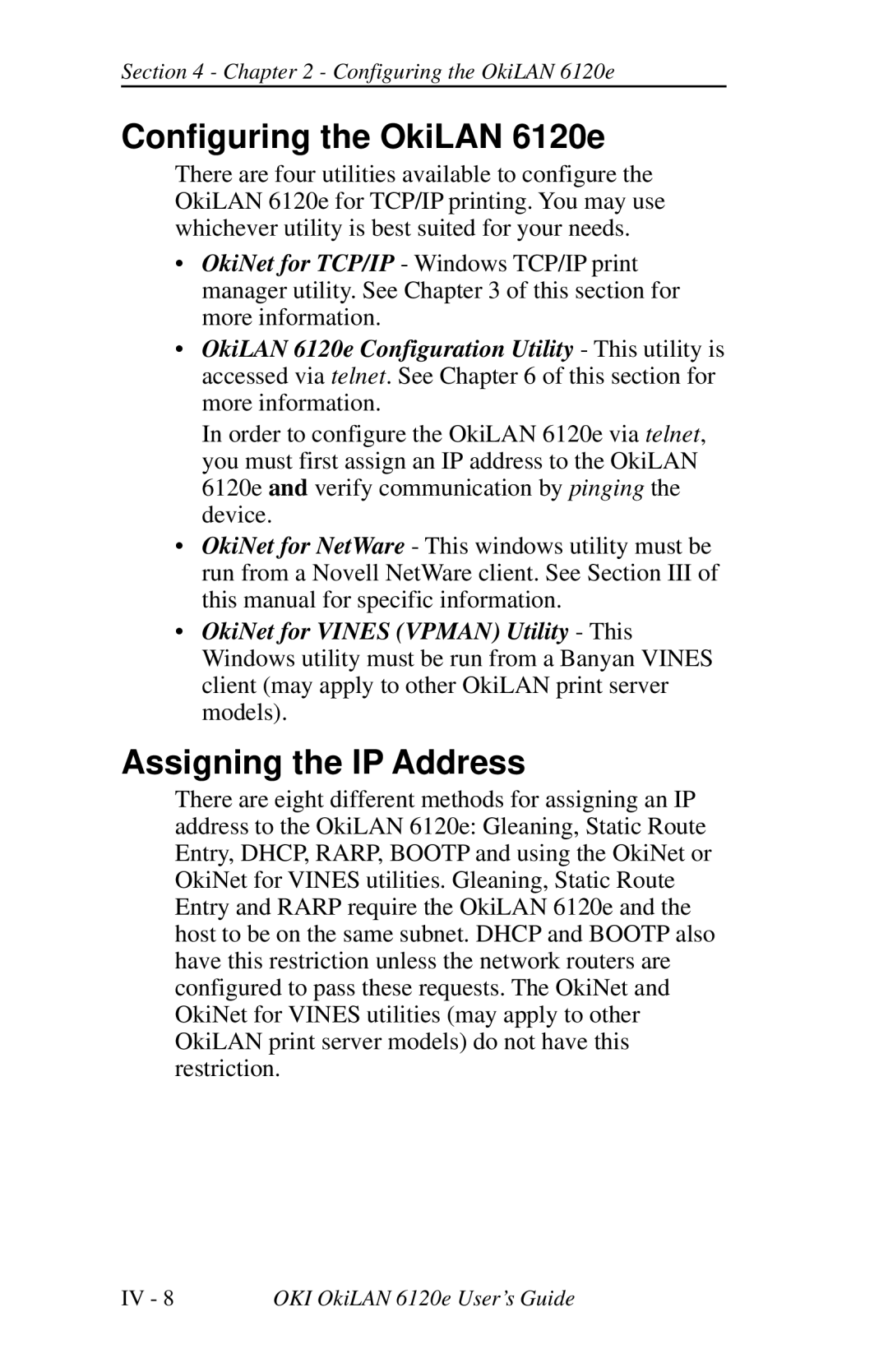 Oki 6120E manual Configuring the OkiLAN 6120e, Assigning the IP Address 