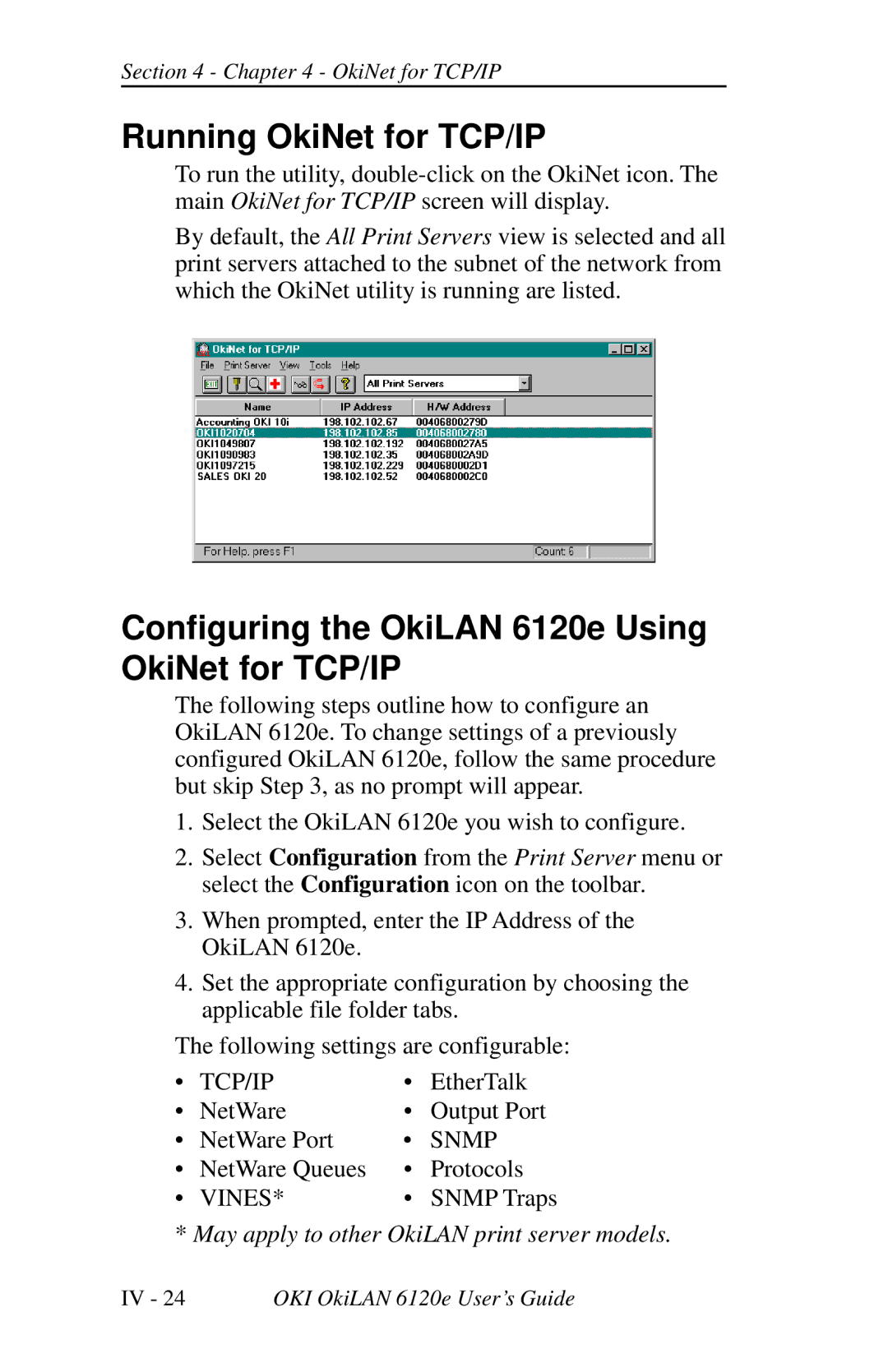 Oki 6120E manual Running OkiNet for TCP/IP, Configuring the OkiLAN 6120e Using OkiNet for TCP/IP 