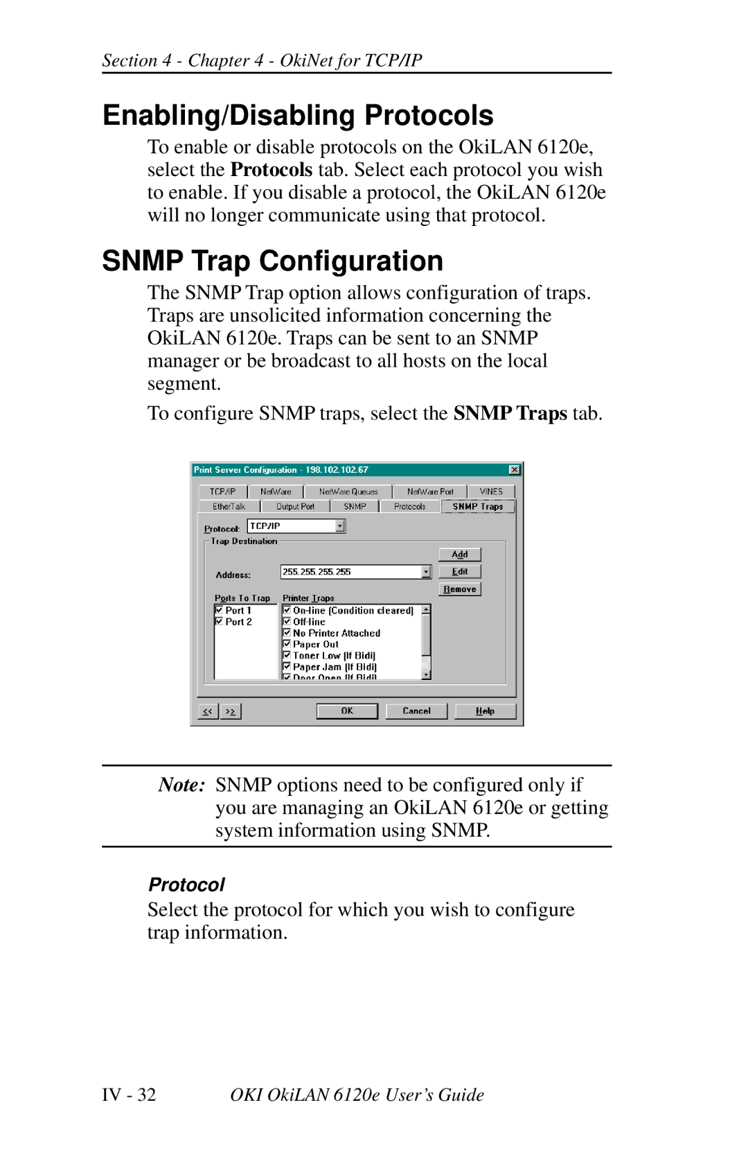 Oki 6120E manual Enabling/Disabling Protocols, Snmp Trap Configuration 