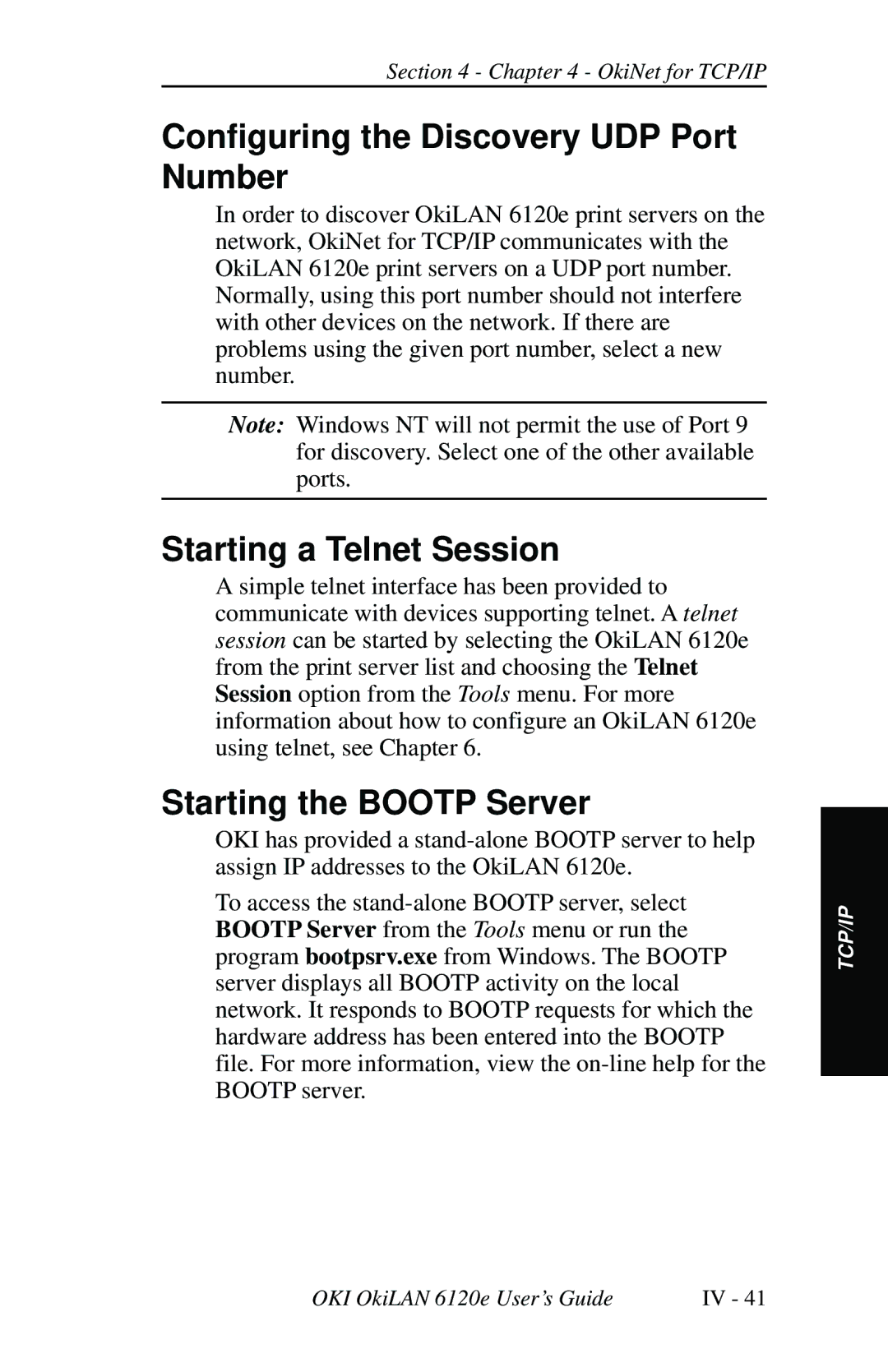 Oki 6120E manual Configuring the Discovery UDP Port Number, Starting a Telnet Session, Starting the Bootp Server 