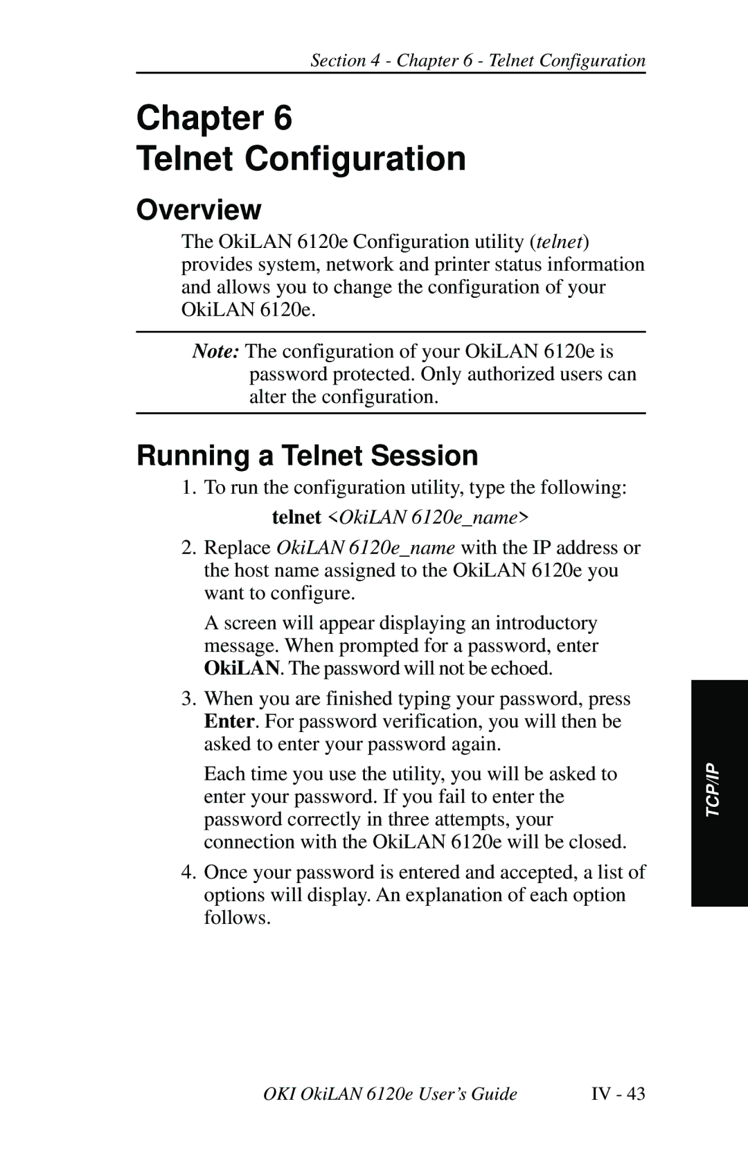 Oki 6120E manual Chapter Telnet Configuration, Running a Telnet Session 